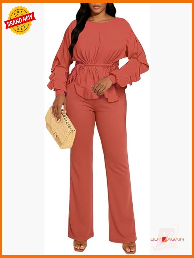 2 Piece Outfit Set: Ruffle Peplum Top & Flared Pants Business Casual